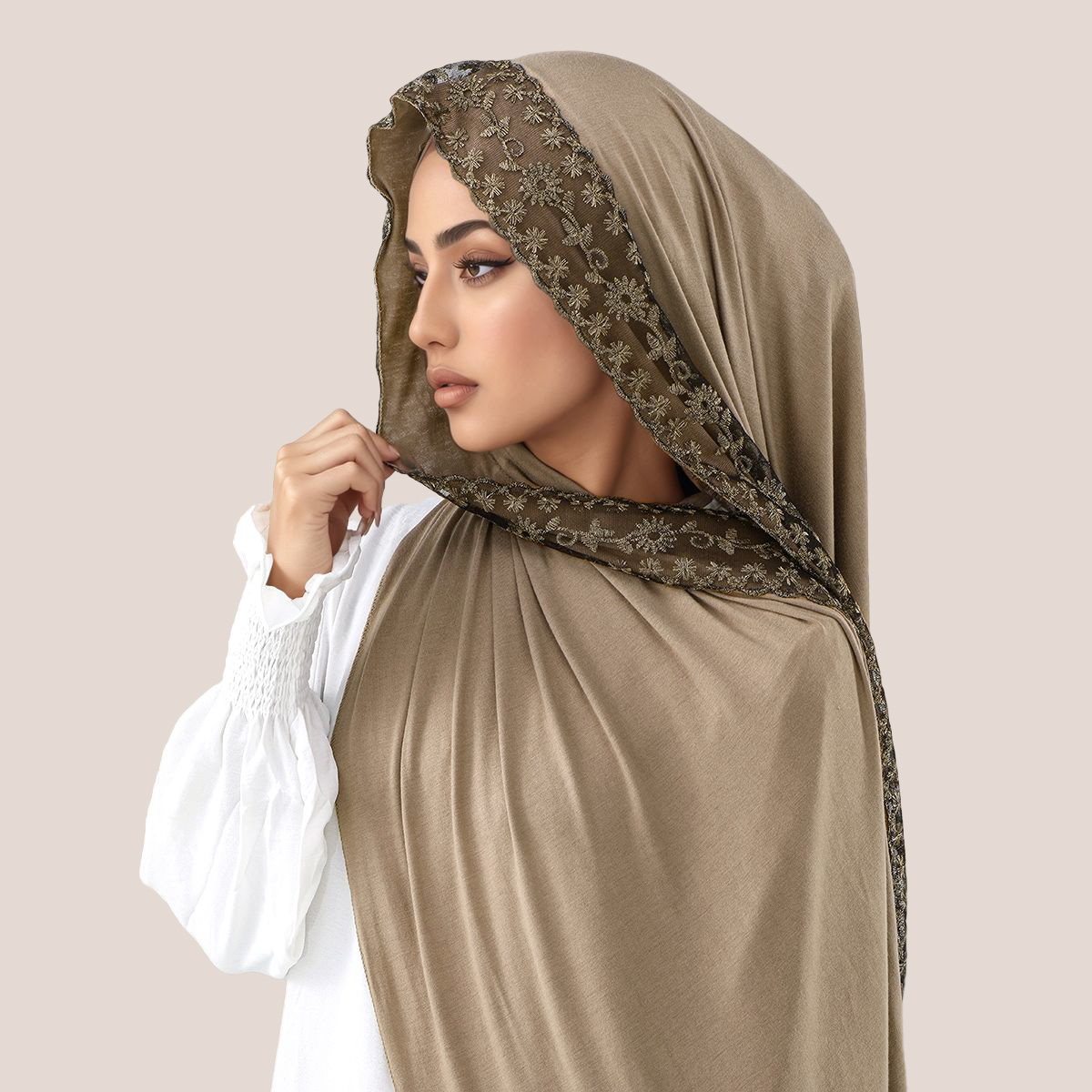 Embroidery Fashion - Hijab Muslim Jersey Katun Bordir Renda,