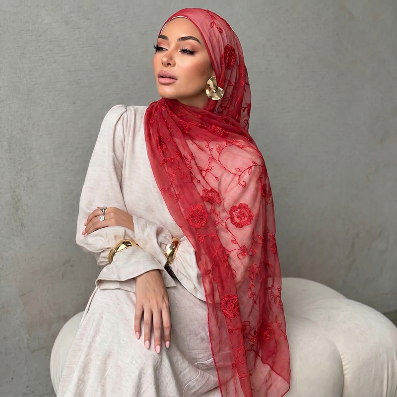 Embroidery Fashion - Hijab Muslim Bordir Bunga, Kerudung Tipis