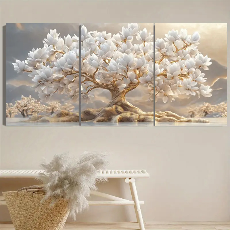 Embroidery Art - Pohon Bunga Putih dan Daun Emas