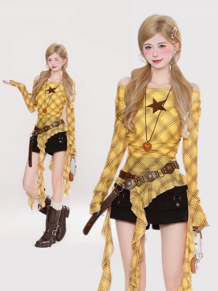 Kaos Vintage Y2K Plaid Slash N - Embroidery Fashion ulasan dan harga