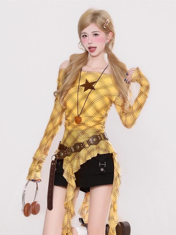 Kaos Vintage Y2K Plaid Slash N - Embroidery Fashion ulasan dan harga
