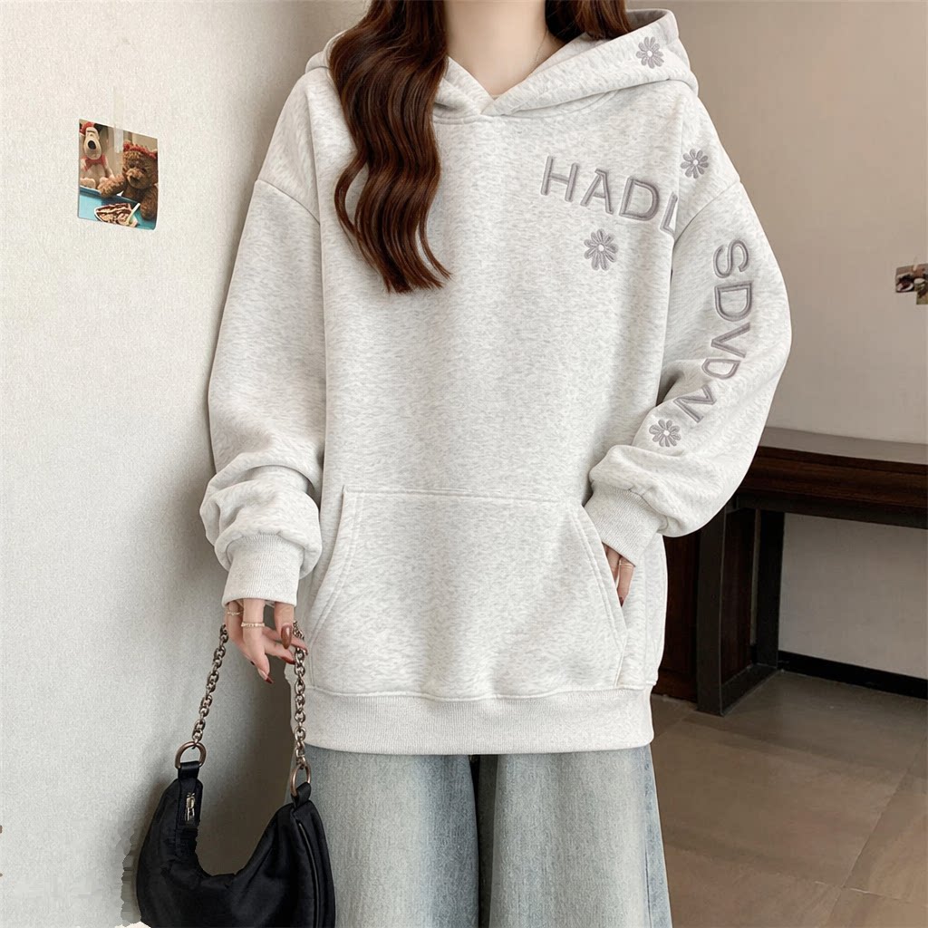 Hoodie Wanita Warna Solid Bord - Embroidery Letter N ulasan dan harga