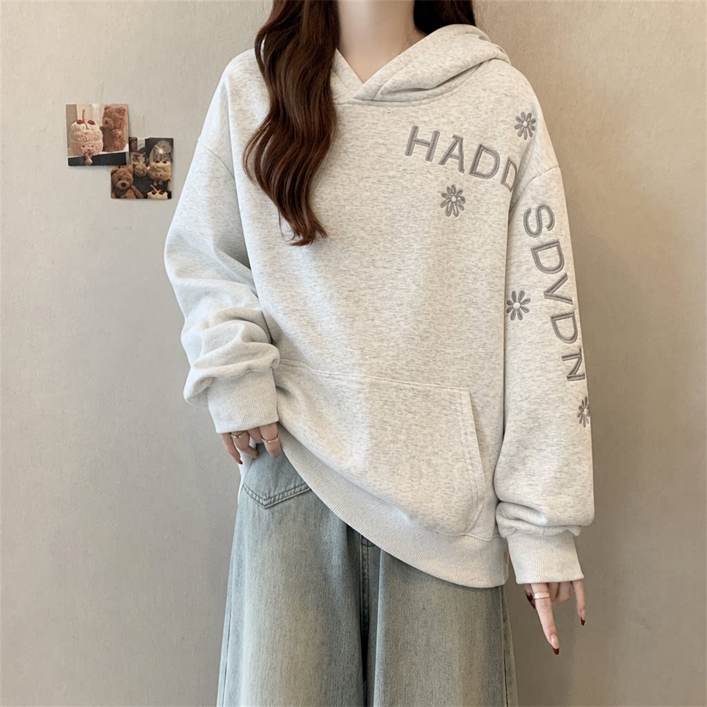 Hoodie Wanita Warna Solid Bord - Embroidery Letter N ulasan dan harga
